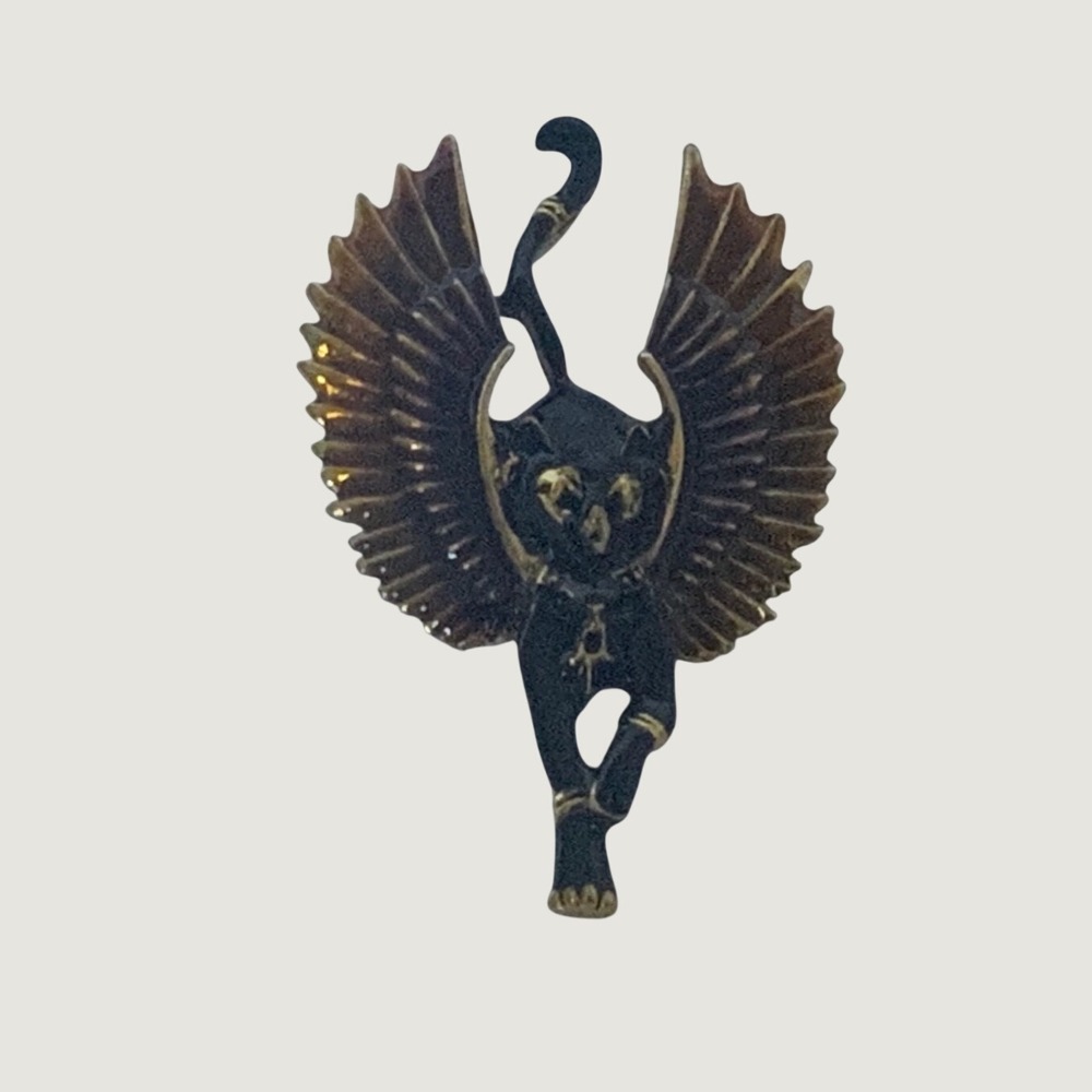 Vintage Egyptian Revival Winged Cat Bastet Brooch Pin Gold Tone Black Enamel